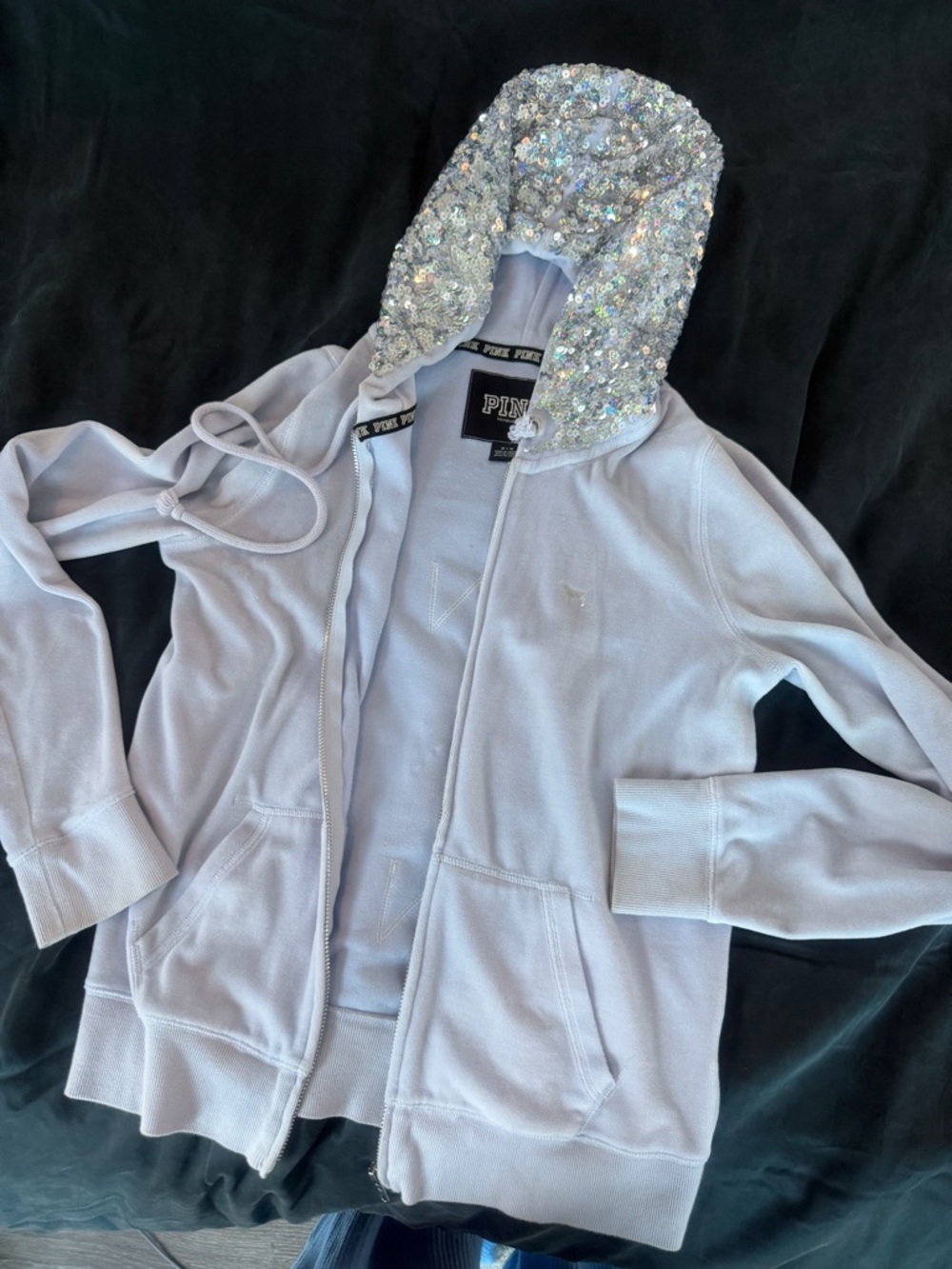 PINK Victoria's Secret Light Lavender Sequin-Hood Zip Hoodie